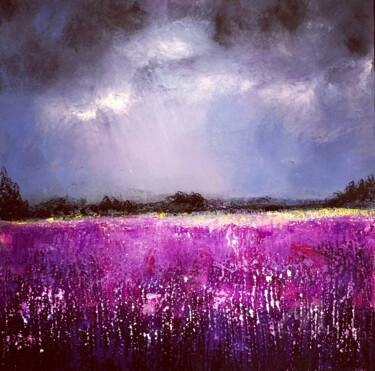 Purple field Painting titled "Purple field" by Daciana, Original Artwork, Acrylic Mounted on Wood Stretcher frame