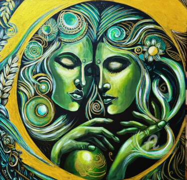 Painting titled "Celestial sisters" by Daciana, Original Artwork, Acrylic Mounted on Wood Stretcher frame
