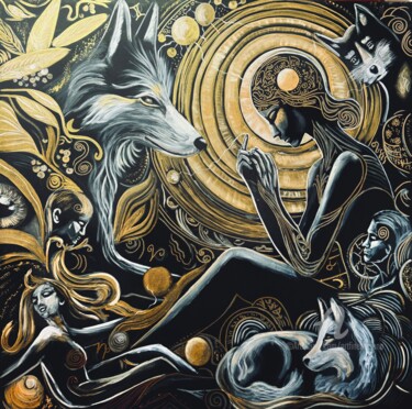 Malarstwo zatytułowany „Celestial guardians” autorstwa Daciana, Oryginalna praca, Akryl Zamontowany na Drewniana rama noszy