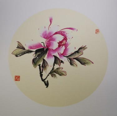 Painting titled "Pivoine rose 2" by Ruirui Duo-Fischer, Original Artwork, Watercolor Mounted on Cardboard