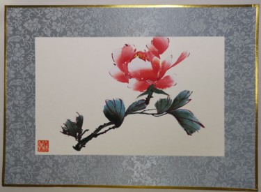 Painting titled "Pivoine rouge 2" by Ruirui Duo-Fischer, Original Artwork, Watercolor Mounted on Cardboard