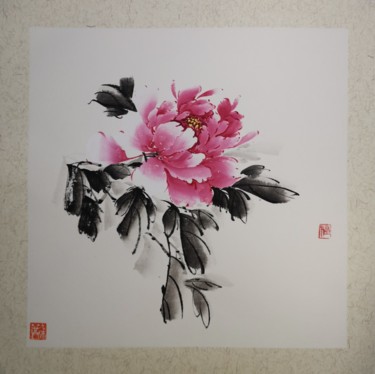 Painting titled "Pivoine rose 5" by Ruirui Duo-Fischer, Original Artwork, Watercolor Mounted on Cardboard