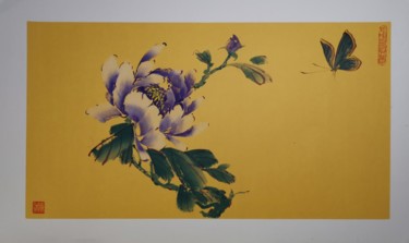 Painting titled "Pivoine mauve et pa…" by Ruirui Duo-Fischer, Original Artwork, Watercolor Mounted on Cardboard