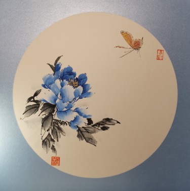 Painting titled "Pivoine bleue 2" by Ruirui Duo-Fischer, Original Artwork, Watercolor Mounted on Cardboard