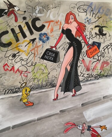 Painting titled "Virée shopping pour…" by Sylviane Bernardini, Original Artwork, Acrylic Mounted on Wood Stretcher frame