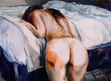 Malerei mit dem Titel "Nude on Bed." von Artfromberlin, Original-Kunstwerk, Aquarell