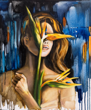 INTUITION – blue orange tropical wall art woman portrait art Картина под названием "INTUITION – blue or…" - Valeria Amirkhanyan, Подлинное произведение искусства, Масло