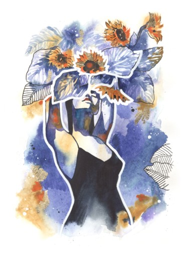VOICE OF NATURE -watercolor woman portrait, Floral artwork Pintura intitulada "VOICE OF NATURE -wa…" por Valeria Amirkhanyan, Obras de arte originais, Aquarela