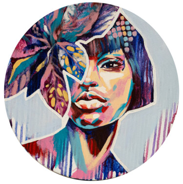 INTENTION painting on round canvas a colorful women portrait Painting titled "INTENTION painting…" by Valeria Amirkhanyan, Original Art, Oil