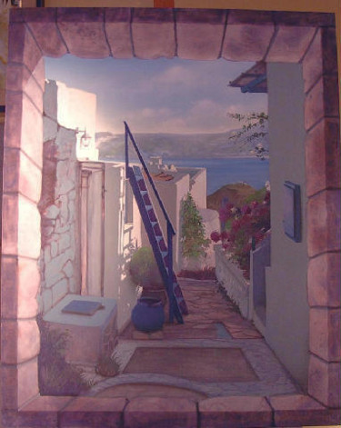 Painting titled "Santorini scorcio" by Gianfranco Massarenti, Original Artwork, Oil