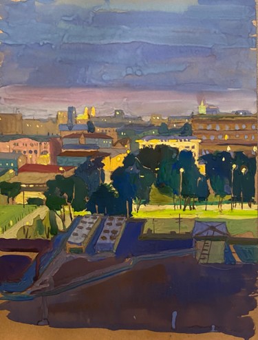 Картина под названием "Вечер в центре Моск…" - Анастасия Горева, Подлинное произведение искусства, Гуашь