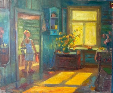 Painting titled "Мытьё полов. Жаркий…" by Anastasiia Goreva, Original Artwork, Oil