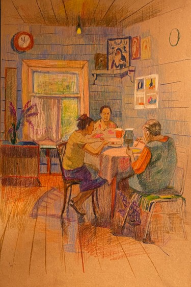 Картина под названием "Чаепитие" - Анастасия Горева, Подлинное произведение искусства, Цветные карандаши
