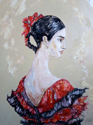 Painting titled "Spanish girl" by Arthur Avalyan, Original Artwork, Oil Mounted on Wood Stretcher frame