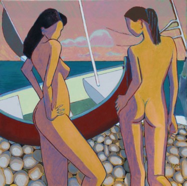 Painting titled "Nymphes à la barque" by Yves Marie Puybertier, Original Artwork, Oil