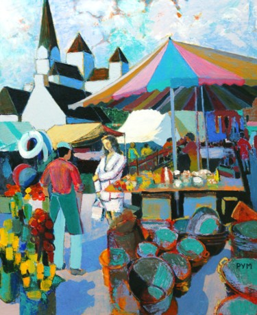Malerei mit dem Titel "Rencontre au marché" von Yves Marie Puybertier, Original-Kunstwerk, Acryl