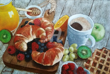 Картина под названием ""Coffee with croiss…" - Arthuris, Подлинное произведение искусства, Масло