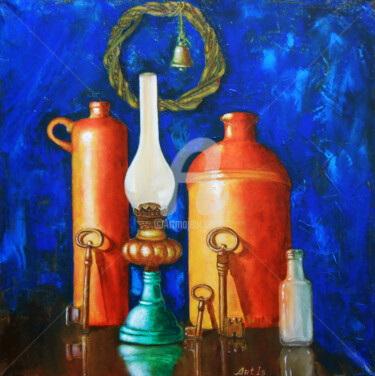 Peinture intitulée ""Bottles, keys and…" par Arthuris, Œuvre d'art originale, Huile