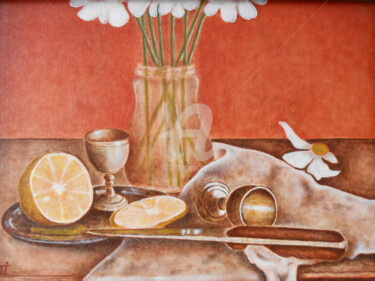 Painting titled ""Lemon with silverw…" by Arthuris, Original Artwork, Oil