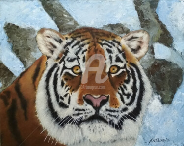 Pittura intitolato ""Tiger in the Snow"" da Arthuris, Opera d'arte originale, Olio