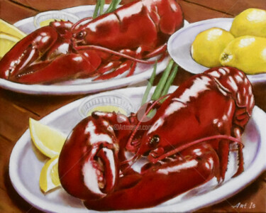Painting titled ""Lobsters, Lemons a…" by Arthuris, Original Artwork, Oil