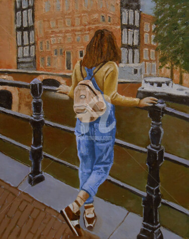 Pittura intitolato ""Girl on the canal"…" da Arthuris, Opera d'arte originale, Olio