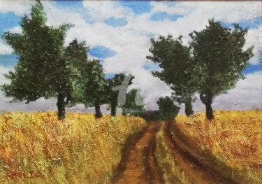 Painting titled ""Road, field and sk…" by Arthuris, Original Artwork, Oil