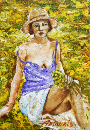 Pittura intitolato ""Girl with flowers"" da Arthuris, Opera d'arte originale, Olio