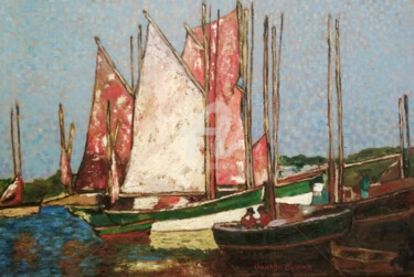 Pittura intitolato ""Fishing boats in t…" da Arthuris, Opera d'arte originale, Olio