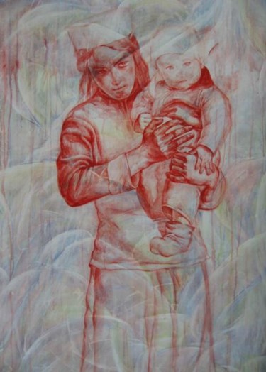 Peinture intitulée "Mother and son" par Wang Jiang, Œuvre d'art originale