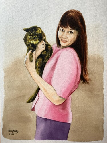 Painting titled "Sheila with Cat" by Ian Rafferty, Original Artwork, Watercolor