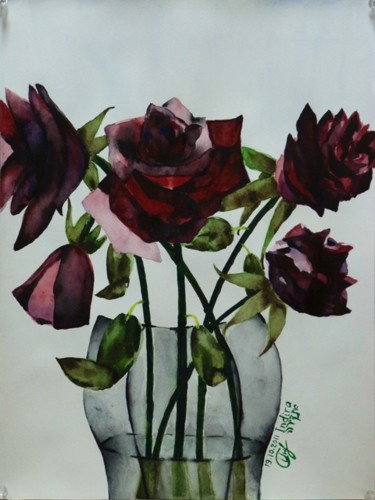 Painting titled "Roses in a Vase" by Indira Yartsev, Original Artwork, Oil