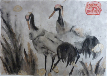 Painting titled "Cranes" by Indira Yartsev, Original Artwork