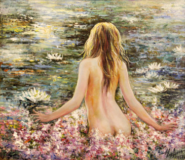 Pittura intitolato "Girl on the lake" da Anna Chekushkina, Opera d'arte originale, Olio