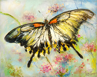 Painting titled "Butterfly 3" by Anna Chekushkina, Original Artwork, Oil Mounted on Wood Stretcher frame
