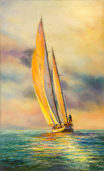 Painting titled "Yacht" by Anna Chekushkina, Original Artwork, Oil Mounted on Wood Stretcher frame