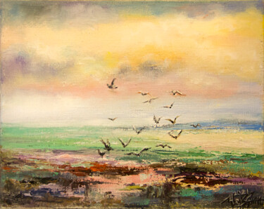 Painting titled "Sea with seagulls" by Anna Chekushkina, Original Artwork, Oil Mounted on Wood Stretcher frame