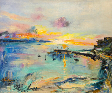 Painting titled "The sea" by Anna Chekushkina, Original Artwork, Oil Mounted on Wood Stretcher frame