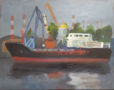Painting titled "Harbour scenery wit…" by Irina Seller, Original Artwork, Oil Mounted on Wood Stretcher frame