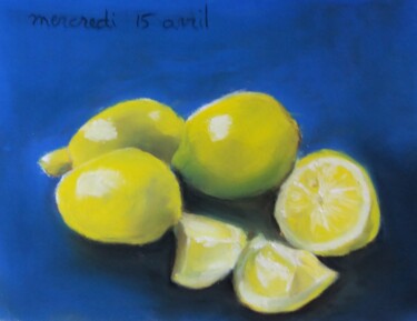 Dessin intitulée "les citrons bleus" par Isabelle Tanguy, Œuvre d'art originale, Pastel