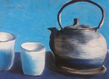 Dessin intitulée "Blue tea time.... o…" par Isabelle Tanguy, Œuvre d'art originale, Pastel