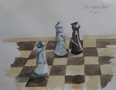 Peinture intitulée "Le joueur d'échecs…" par Isabelle Tanguy, Œuvre d'art originale, Aquarelle