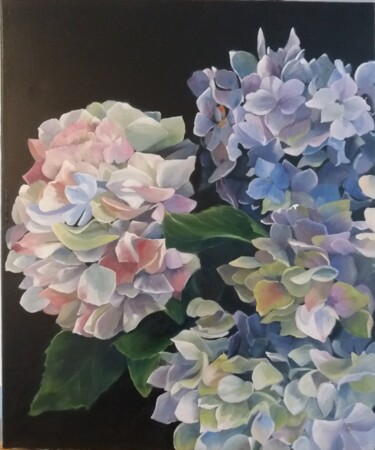 Peinture intitulée "les hortensias bleus" par Isabelle Tanguy, Œuvre d'art originale, Huile Monté sur Châssis en bois