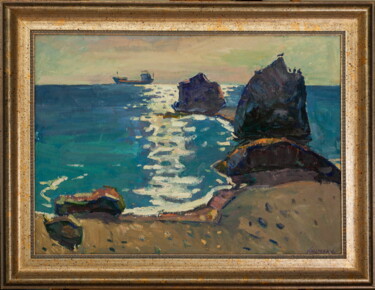 Painting titled "Sea shore. Batiliman" by Alexander Abramovich Andreev, Original Artwork, Oil Mounted on Wood Stretcher frame