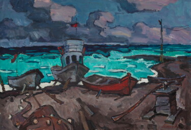 Painting titled "Seaside" by Alexander Abramovich Andreev, Original Artwork, Oil Mounted on Wood Stretcher frame