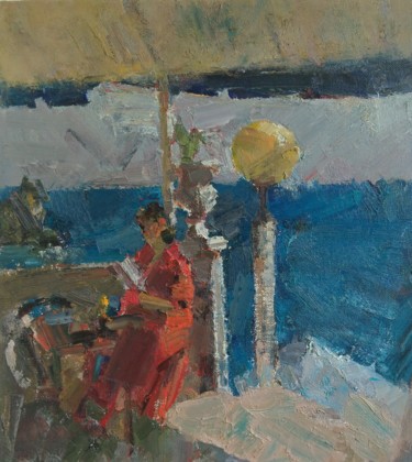 Painting titled "Cafe in Gurzuf (par…" by Arsen Abrarovich Rustamov, Original Artwork, Oil Mounted on Wood Stretcher frame
