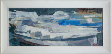 Painting titled "Boat (Balaklava)" by Arsen Abrarovich Rustamov, Original Artwork, Oil Mounted on Wood Stretcher frame