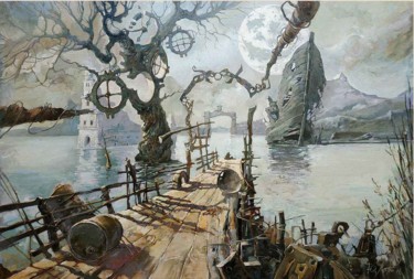 Painting titled "Гавань" by Yuri Laptev, Original Artwork, Oil Mounted on Wood Stretcher frame