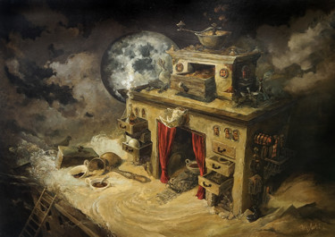 Painting titled "Coffee-Haus" by Yuri Laptev, Original Artwork, Oil Mounted on Wood Stretcher frame