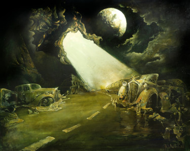Schilderij getiteld "Alien from space" door Yuri Laptev, Origineel Kunstwerk, Olie Gemonteerd op Frame voor houten brancard